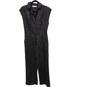 Mango Linen Women's Black Sleeveless Jumpsuit Crop Pant Button Front Pockets S